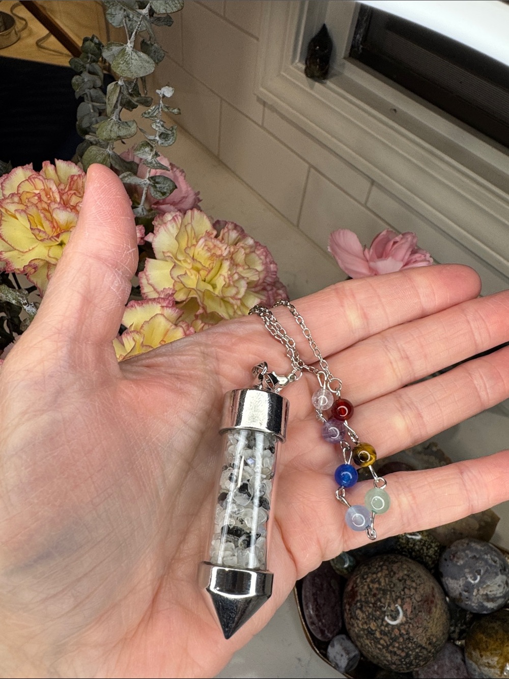 Crystal Point Pendant Necklace with Multicolor Chakra Beads: N2015